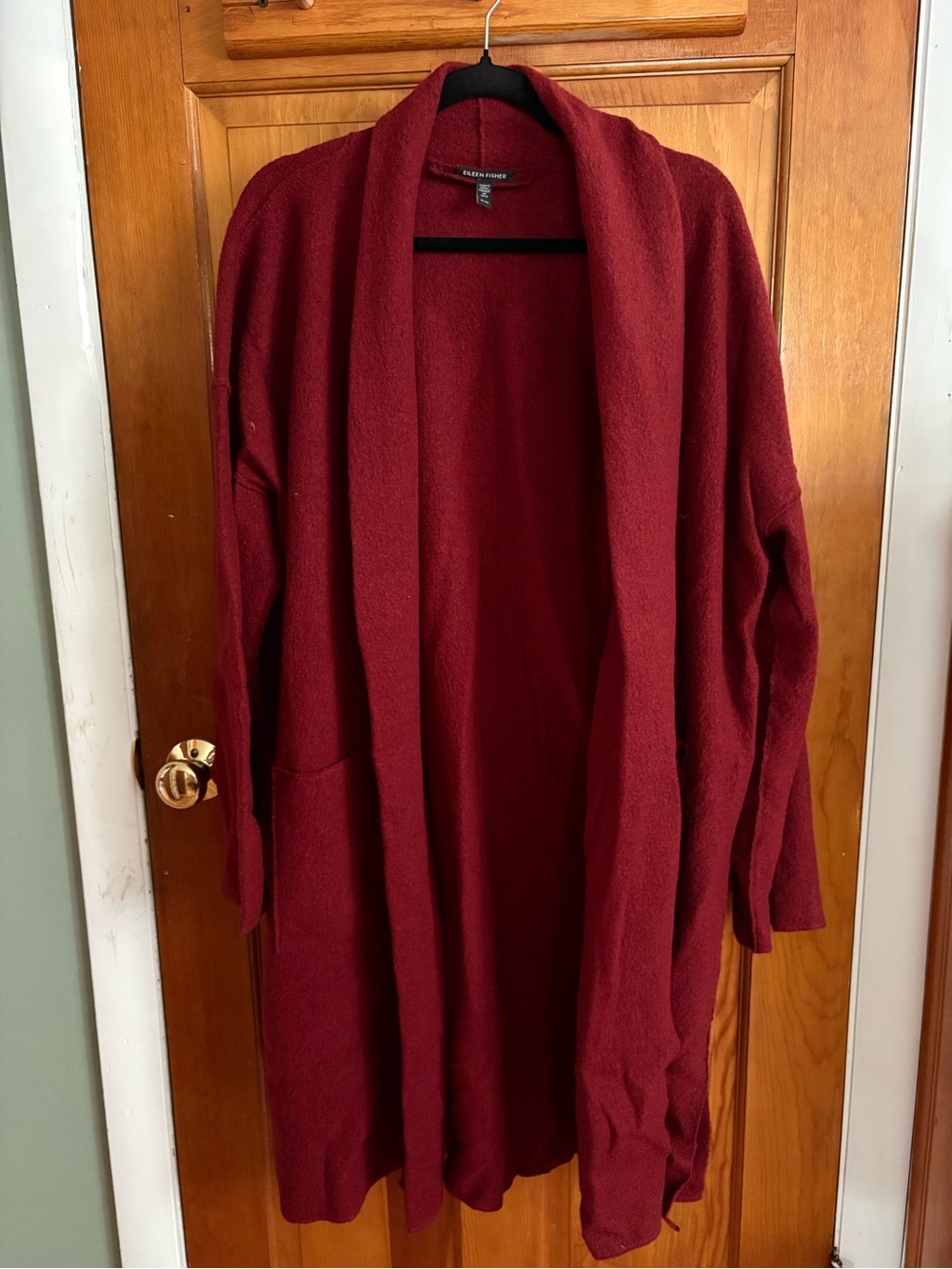 Eileen Fisher Deep Red Open-Front Long wool Cardigan